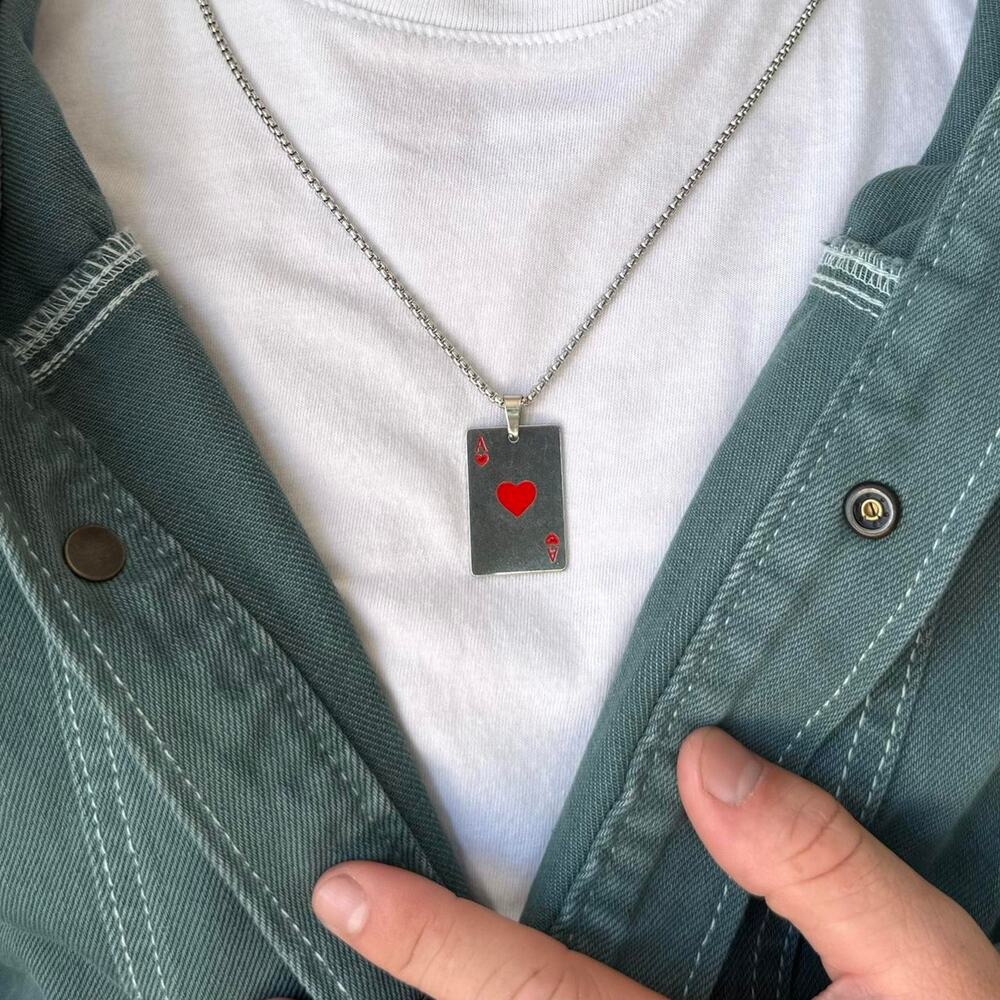 Y2K Silver Red Ace of Hearts Necklace Gothic Punk Pendant Unisex Statement New - Picture 6 of 7